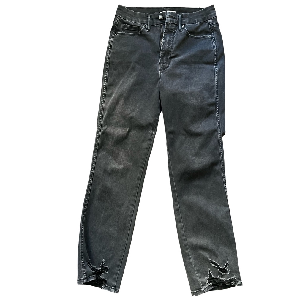 Good American Good Straight Distressed Black Denim Jeans Size 4